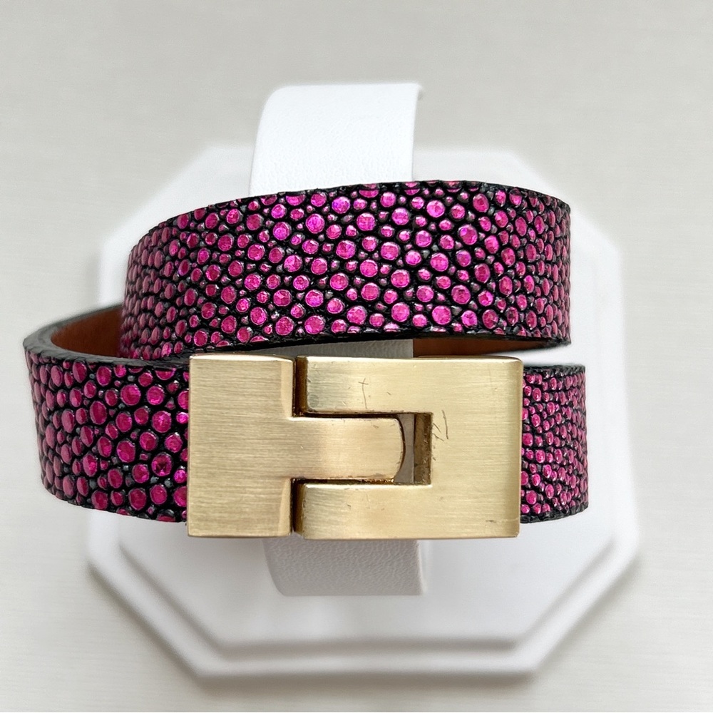 Leighelena Raspberry Magenta Stingray Leather Double Wrap Jigsaw Bracelet